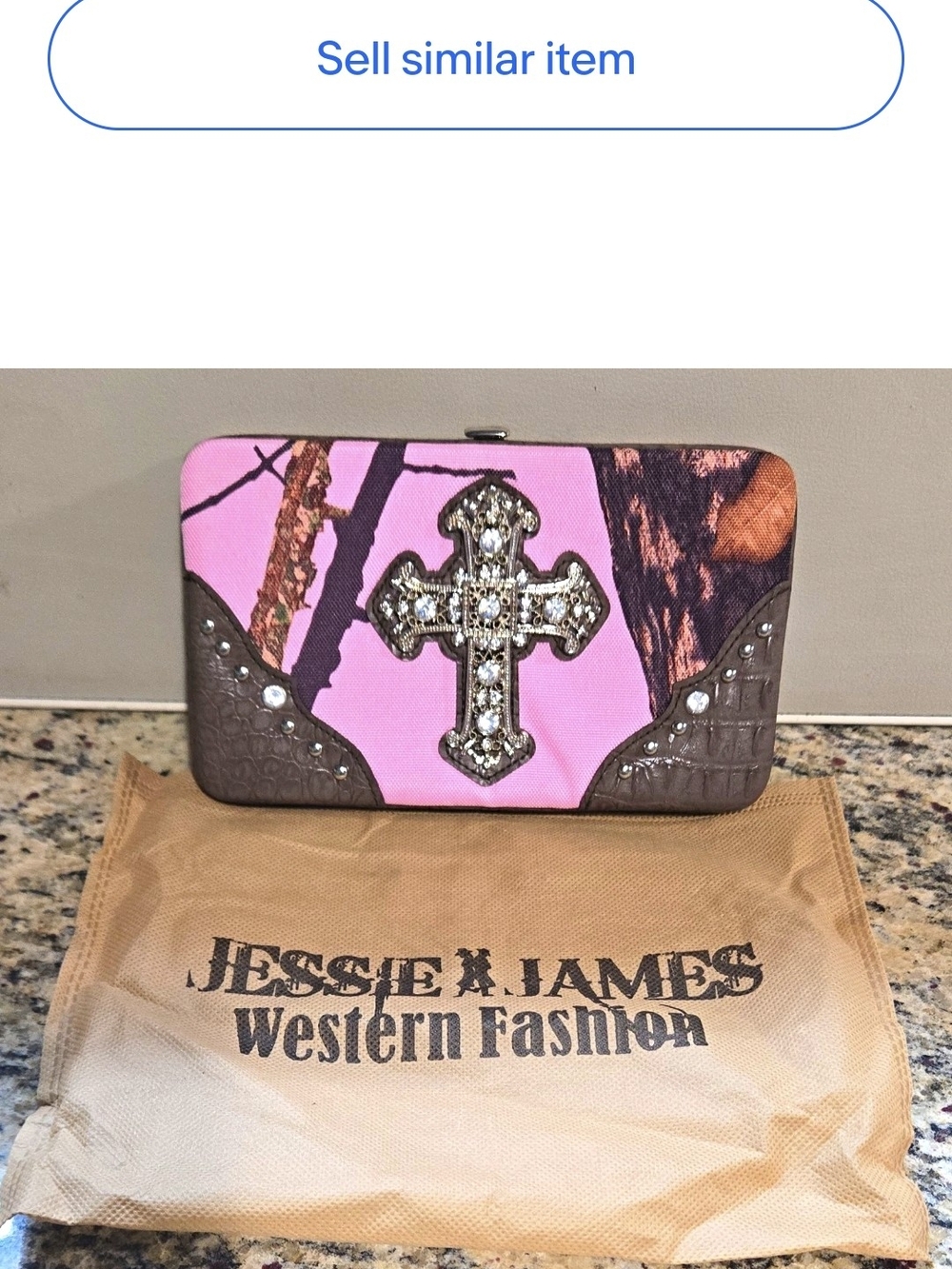 Mossy Oak Pink and Brown Jeweled Cross Clutch Wallet